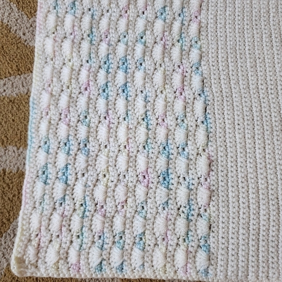 Handmade Afghan Baby Blanket Blue, Pink, Yellow - Picture 3 of 5